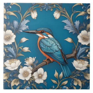 Carreau Élégant turquoise Kingfisher Bird Floral