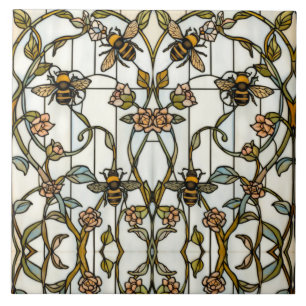 Carreau Élégant verre teinté d'abeille botanique Art nouve