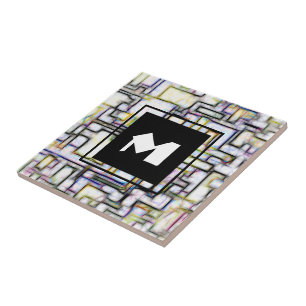 Carreau Elégant Vert Noir Moderne Carré Monogramme tendanc