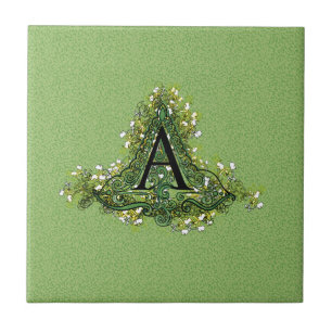 Carreau Élégant vert Vintage Floral initial Un monogramm