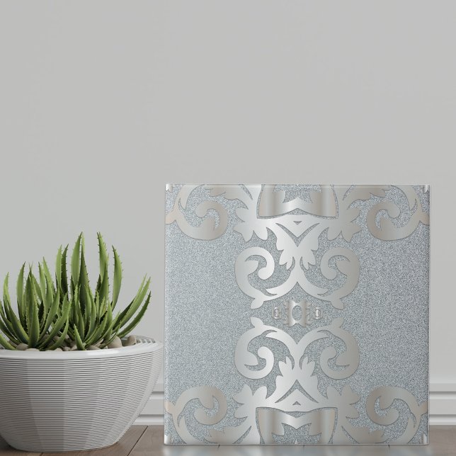 Carreau Élégant Vintage baroque brillant argent Damask (Créateur téléchargé)