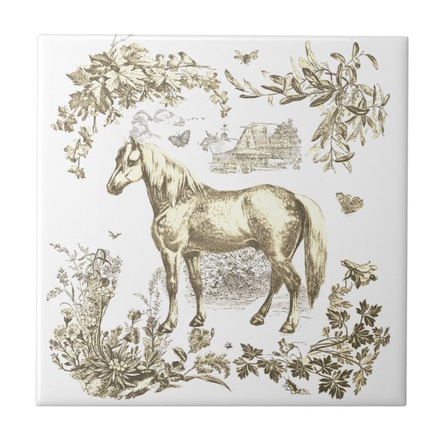 Carreau Elegant Vintage Beige Horse Floral (Devant)