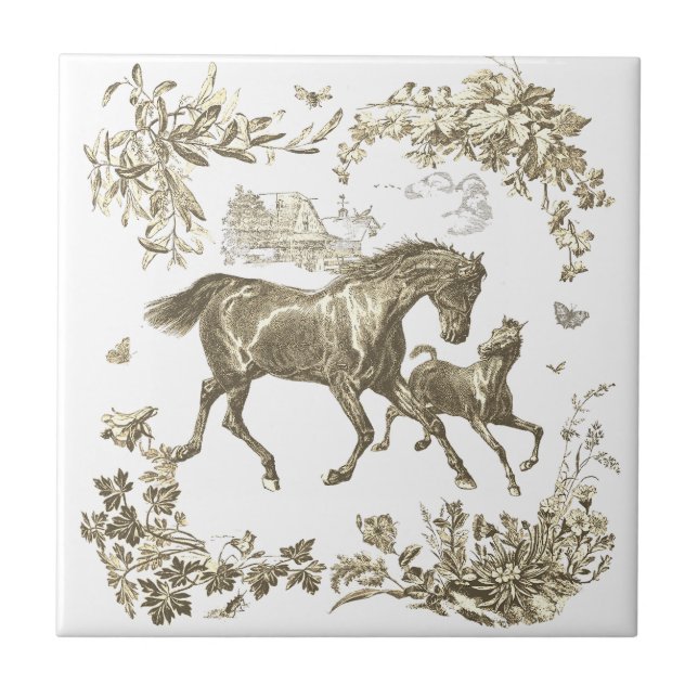 Carreau Elegant Vintage Beige Horses Floral (Devant)
