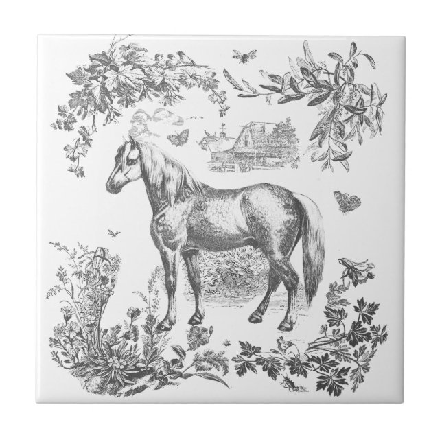 Carreau Élégant Vintage Cheval Floral Noir Blanc (Devant)