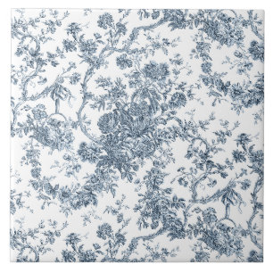Carreau Élégant Vintage Français Floral Toile-Bleu Gravé