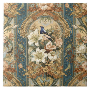 Carreau Élégant Vintage Nouveau Floral Oiseaux