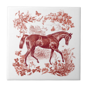 Carreau Elégant Vintage Rouge Rustique Horse Toile Florale