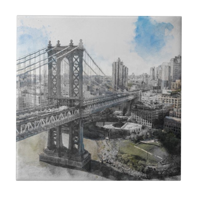 Carreau Elégante aquarelle Brooklyn Bridge NYC (Devant)