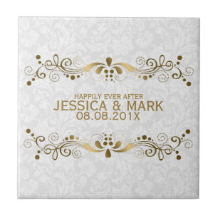 Carreau Elégante dentelle d'or Floral avec Damas blanches