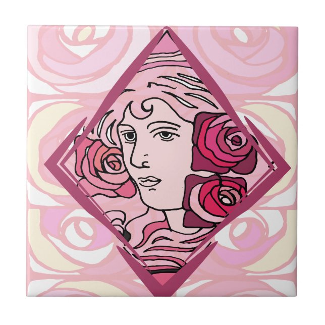 Carreau Élégante femme Rose Art Nouveau (Devant)