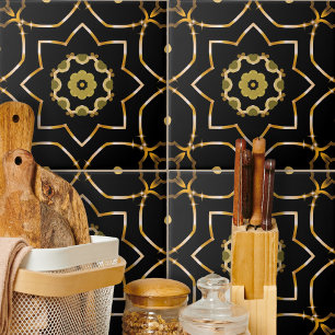 Carreau Elégante Filigree brillant or et mosaïque noire