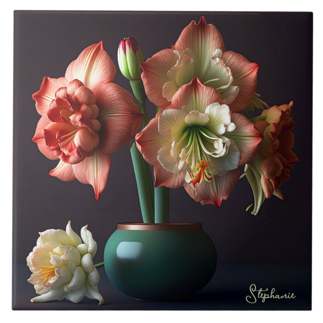 Carreau Élégante Fleur d'Amaryllis Blanc Orange (Devant)