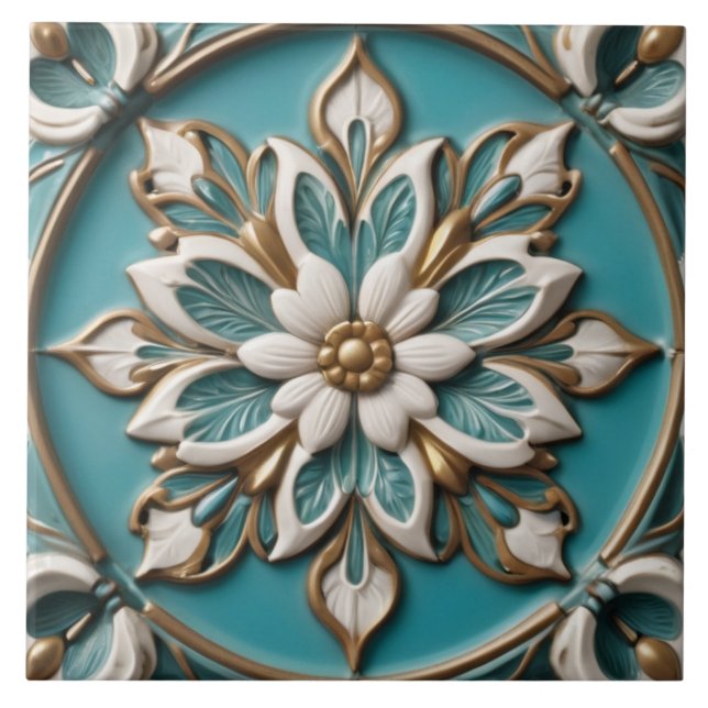 Carreau Elégante Fleur Faux Relief Classy Turquoise Floral (Devant)
