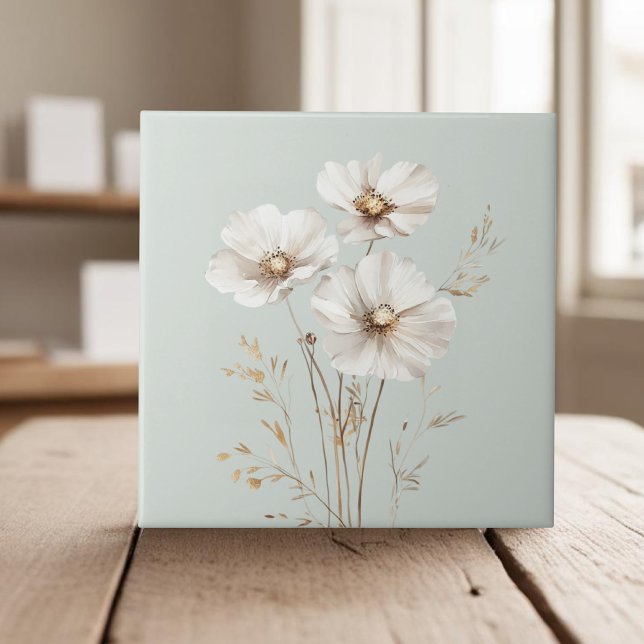 Carreau Elégante fleurs de cosmos blanc faux or herbe (Créateur téléchargé)