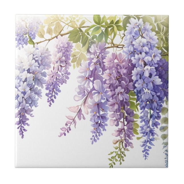 Carreau Elégante glycine d'aquarelle violette bleu floral (Devant)