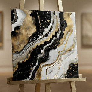 Carreau Élégante marbre noir or et blanc Fluid Art en agat