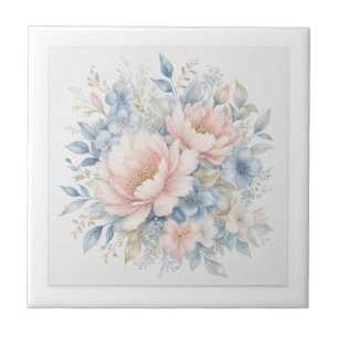 Carreau Élégante poussiéreuse Art floral aquarelle bleu ro