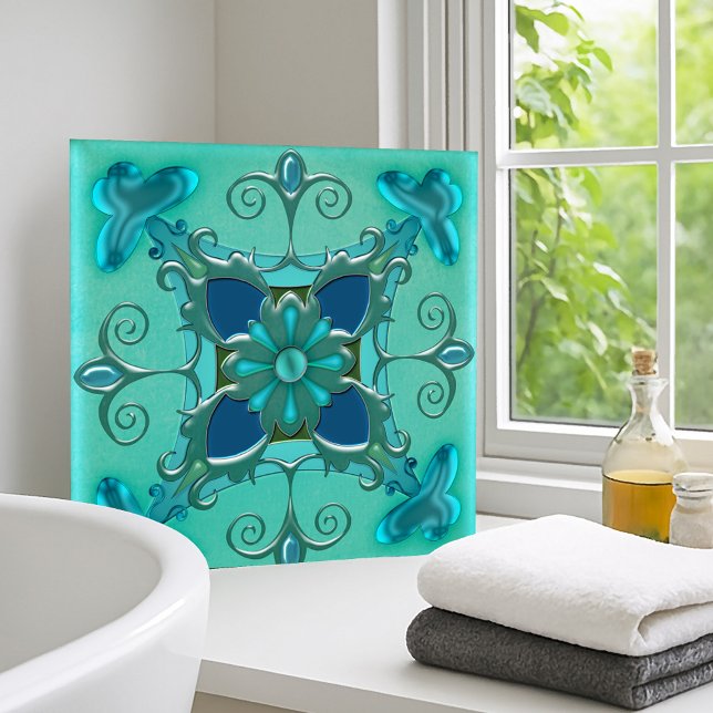 Carreau Elégante salle de bain Turquoise ou carrelée de cu (Artistic tile for bathroom or kitchen featuring a fantasy geometric design in teal and mint green)