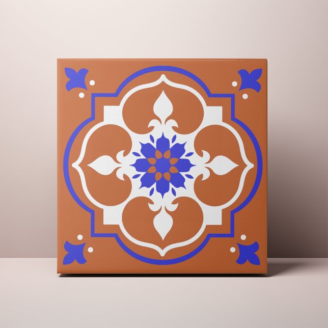 Carreau Elégante Terracotta et Fleur bleue Azulejo (Créateur téléchargé)