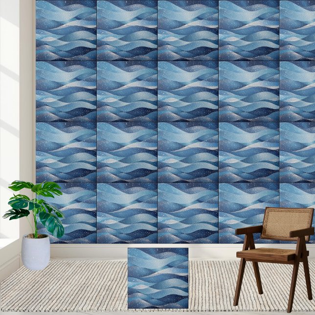 Carreau Elégante Vagues Cosmiques Bleues - Nuit étoilée (Elegant Blue Cosmic Waves - Starry Night Ocean Ceramic Tile)