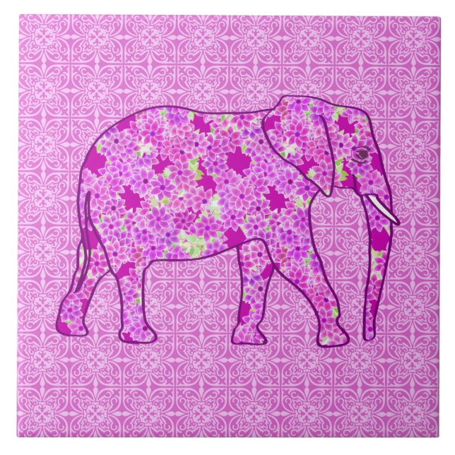 Carreau Eléphant à fleurs - orchidée et magenta (Devant)