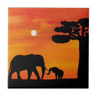 Carreau éléphant, ,ciel ,animaux ,lever de soleil ,nature