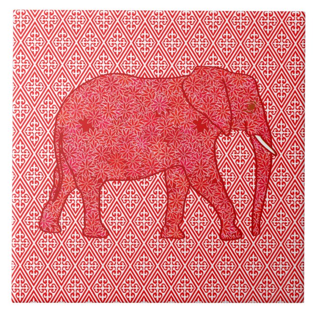 Carreau Eléphant de fleurs - rouge profond et corail (Devant)