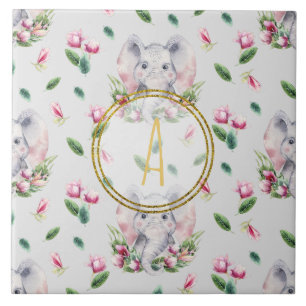 Carreau ÉLÉPHANT Floral Monogramme Girl rose chambre à cou