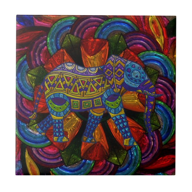 Carreau Éléphant Orné Coloré et Mandala (Devant)