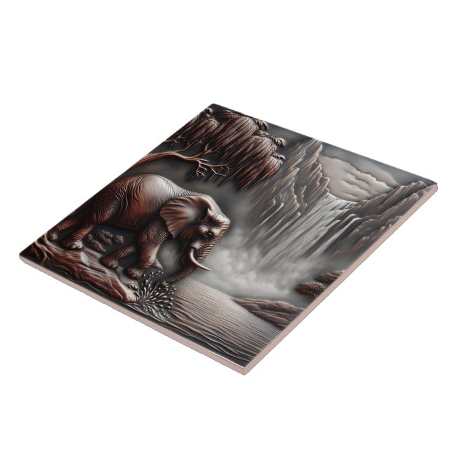 Carreau Eléphant par cascade dans le relief sculpté (Côté)