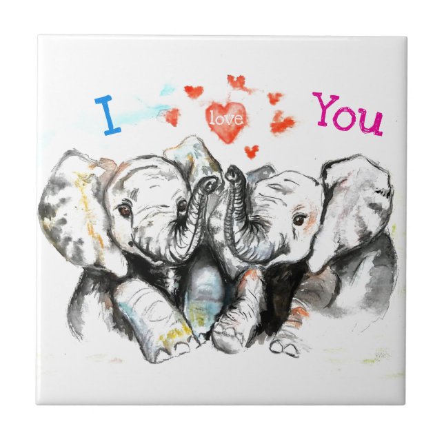 Carreau Elephants Accrochés Je t'aime Aquarelle Carrelage  (Devant)