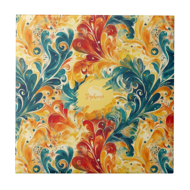 Carreau Emerald Green & Gold Abstrait Paisley Feuilles (3) (Devant)