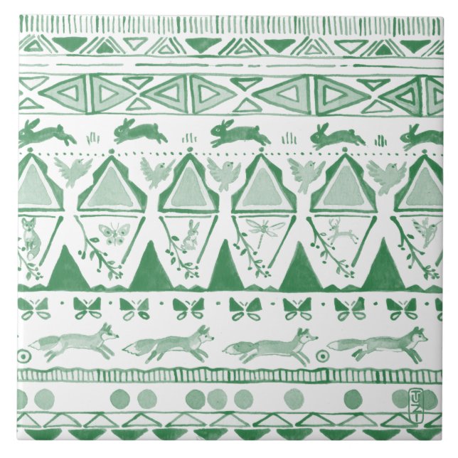 Carreau Emerald Green White Ikat Woodland Animal Motif (Devant)