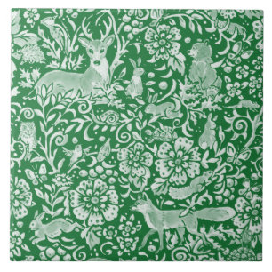 Carreau Emerald Green Woodland Animal Deer Rabbit Floral