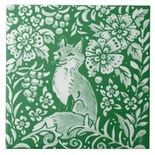 Carreau Emerald Green Woodland Cute Fox Intricable Floral