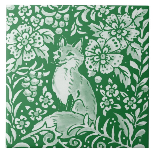 Carreau Emerald Green Woodland Cute Fox Intricable Floral  (Devant)