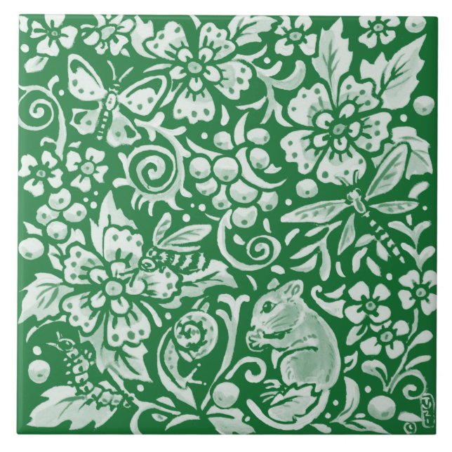 Carreau Emerald Green Woodland Garden Souris Insect Floral (Devant)