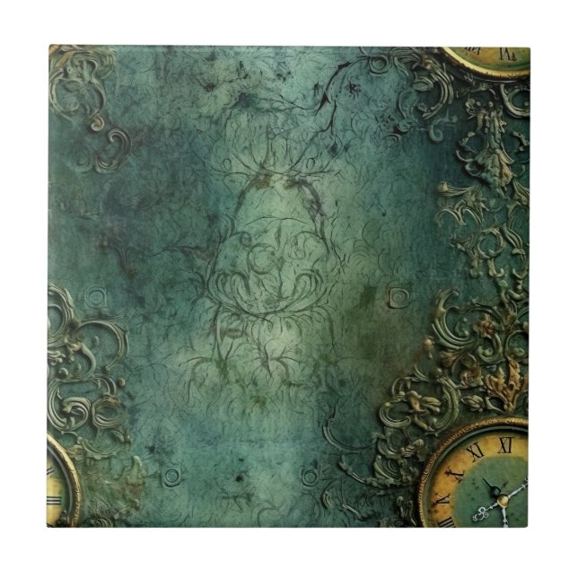 Carreau Émeraude Green Rustic Steampunk Horloge (8) (Devant)