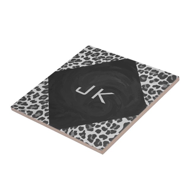 Carreau Empreinte de léopard noir et blanc de monogramme (Côté)
