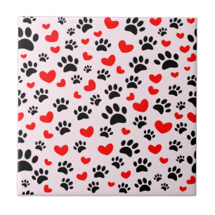 Carreau Empreintes de pattes de chien noir Cœurs rouges Ro