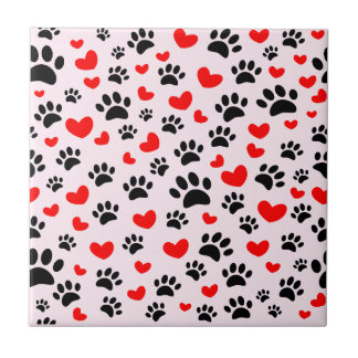 Carreau Empreintes de pattes de chien noir Cœurs rouges Ro