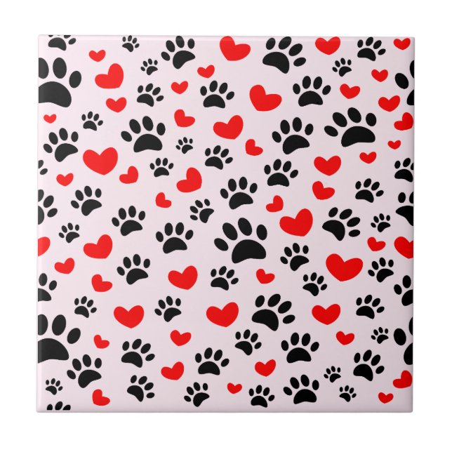 Carreau Empreintes de pattes de chien noir Cœurs rouges Ro (Devant)
