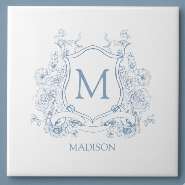 Carreau en céramique à monogramme du blason floral (elegant french provincial blue white family crest monogram commemorative tile)