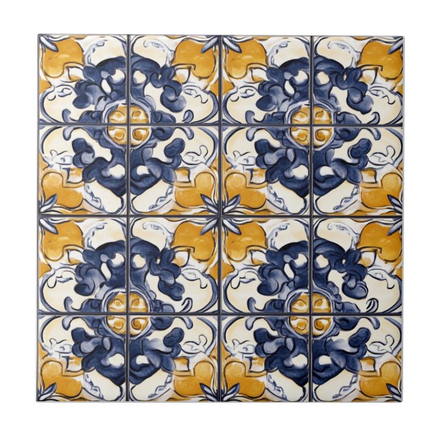 Carreau en céramique à motif bleu et or (Devant)