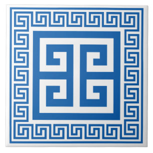 Carreau en céramique à motif clé grec bleu et blan