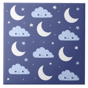 Carreau en céramique bleu marine kawaii lune étoil
