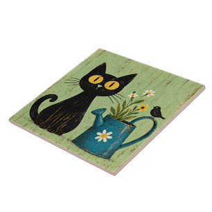 Carreau en céramique Chat Noir et Arrosoir