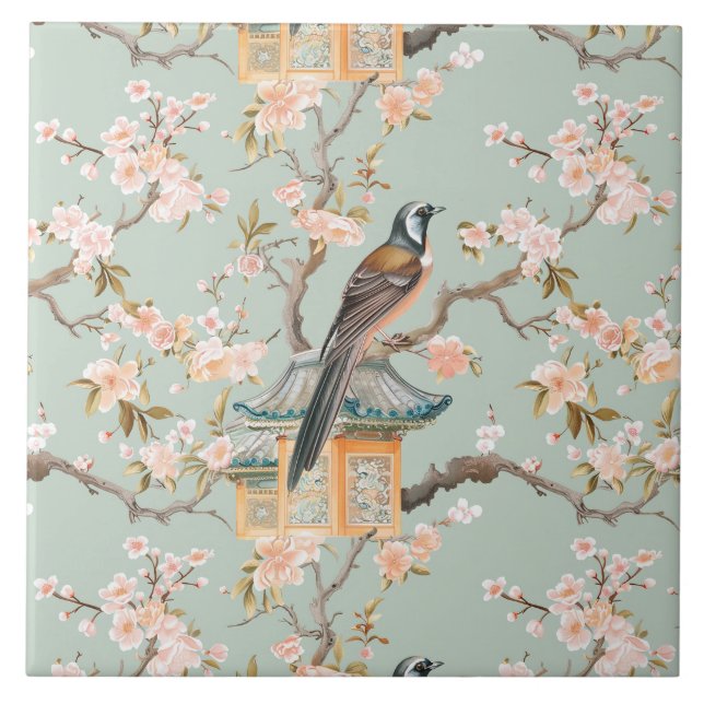 Carreau en céramique Chinoiserie Oiseau & Fleur Bl (Devant)