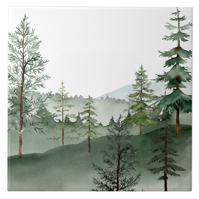 Carreau en céramique d'arbre de forêt aquarelle (Devant)
