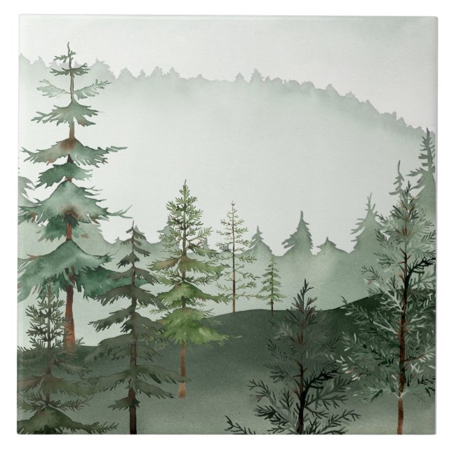 Carreau en céramique d'arbre de forêt aquarelle (Devant)